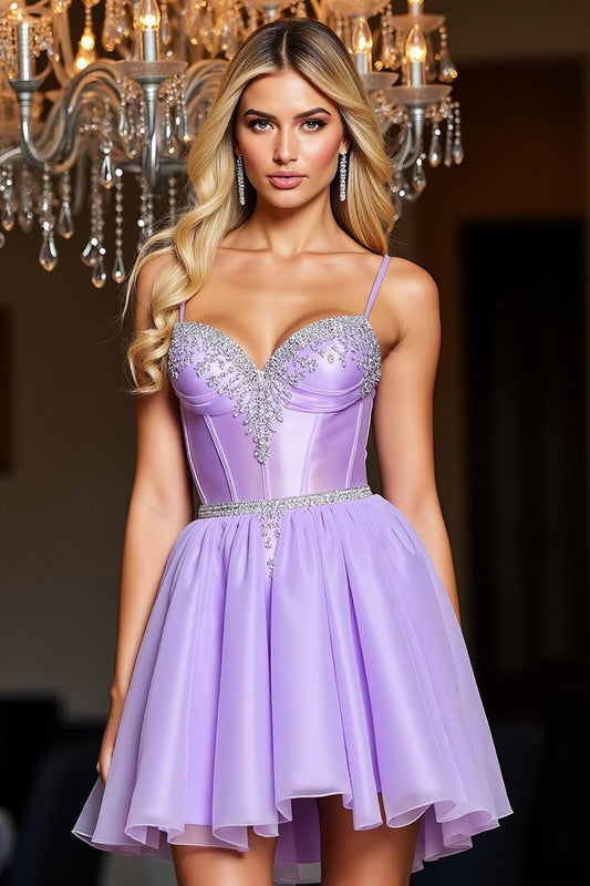 Sparkly Purple Corset A Line Short Homecoming Dress with Beading