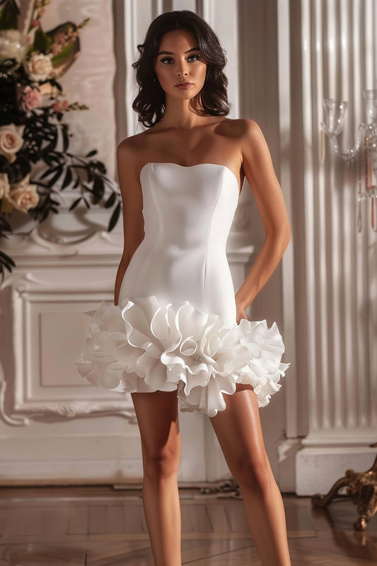White Strapless Satin Tight Short Homecoming Dress with Ruffles