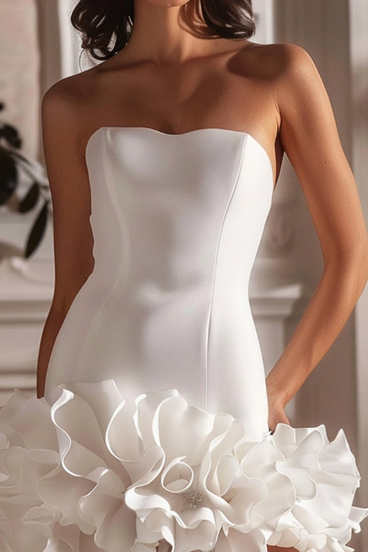 White Strapless Satin Tight Short Homecoming Dress with Ruffles