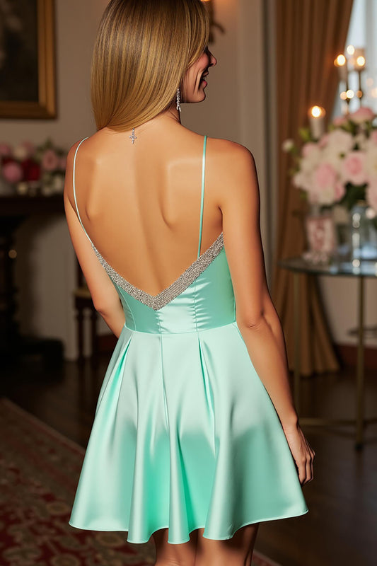 Sparkly Green Satin Spaghetti Straps Short Homecoming Dress wiith Beading