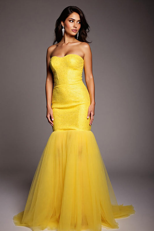 Sparkly Yellow Strapless Mermaid Long Prom Dress with Beading