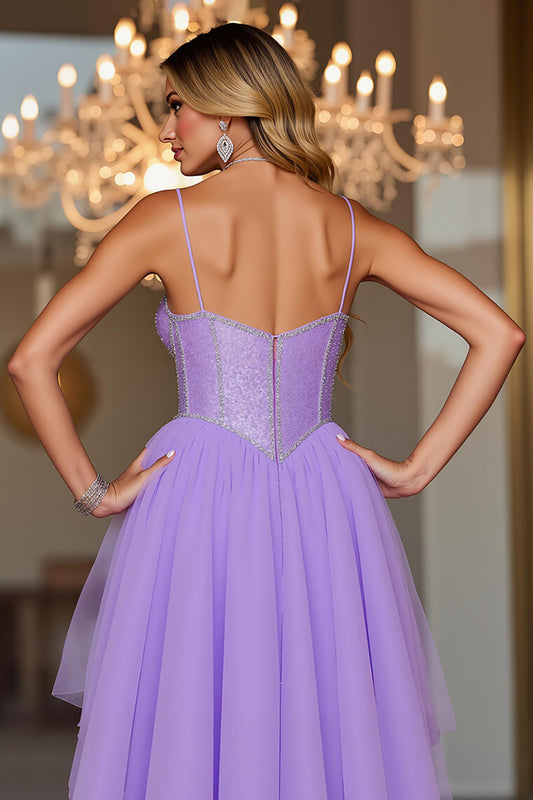 Sparkly Purple Corset Spaghetti Straps High-Low Homecoming Dress