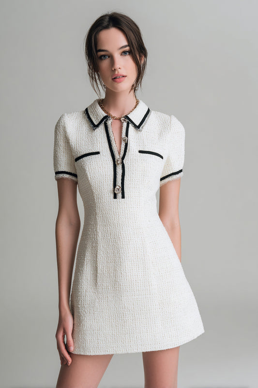White Tweed Collar Neck Short Sleeves Pageant Interview Dress with Buttons