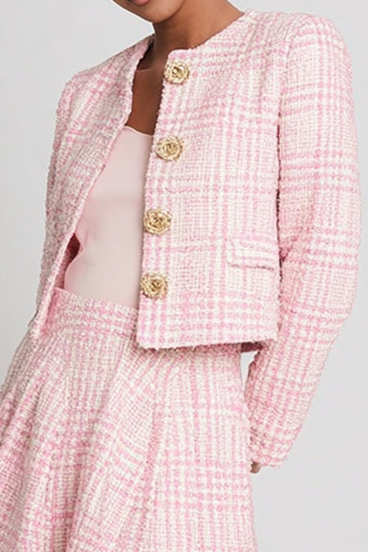 Pink Tweed Plaid 2 Piece Homecoming Outfits with Buttons
