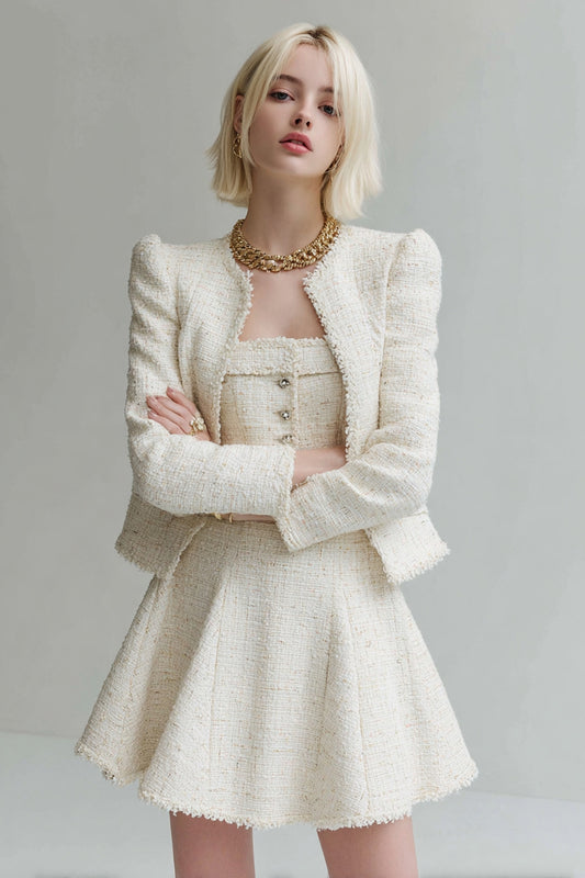 White 2 Piece Tweed Long Sleeves Homecoming Outfits