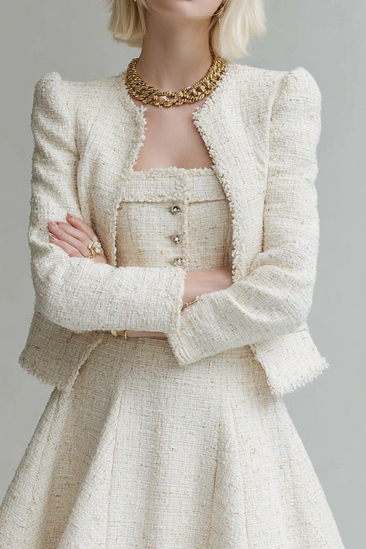 White 2 Piece Tweed Long Sleeves Homecoming Outfits