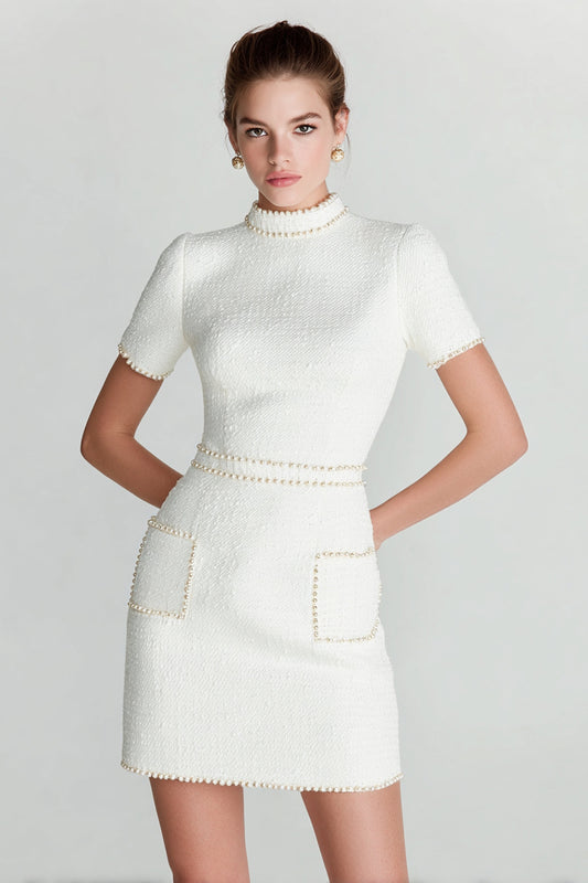White Tweed High Neck Tight Short Homecoming Dress with Pearls