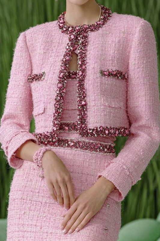 Sparkly Pink 3 Piece Tweed Homecoming Outfits with Rhinestones