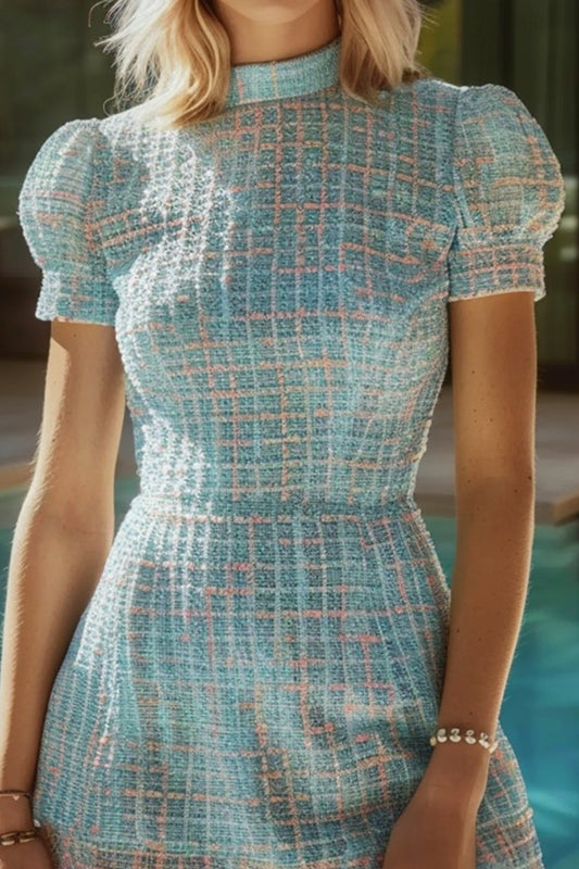 Blue Plaid Tight High Neck Tweed Short Homecoming Dress with Sleeves