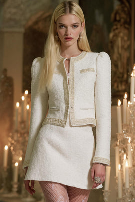 White Tight 2 Piece Tweed Round Neck Homecoming Outfits with Sleeves