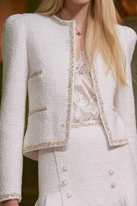 White 2 Piece Long Sleeves Tweed Homecoming Outfits with Buttons