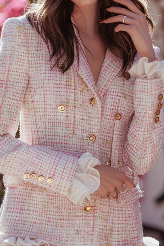 Light Pink Tweed Plaid Short Homecoming Dress with Ruffles