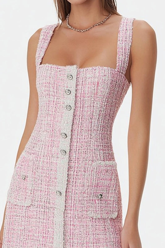 Pink Tight Square Neck Tweed Short Homecoming Dress with Buttons