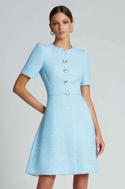 Tweed Blue A Line Buttons Short Sleeves Homecoming Dress