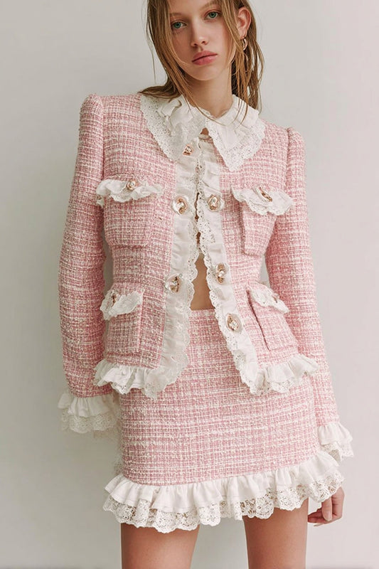 Pink Tweed 2 Piece Lapel Short Blazer Homecoming Outfits with Ruffles
