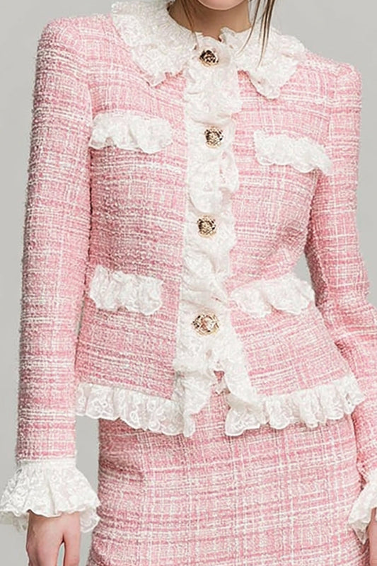 Pink Tweed Blazer 2 Piece Short Homecoming Outfits with Lace