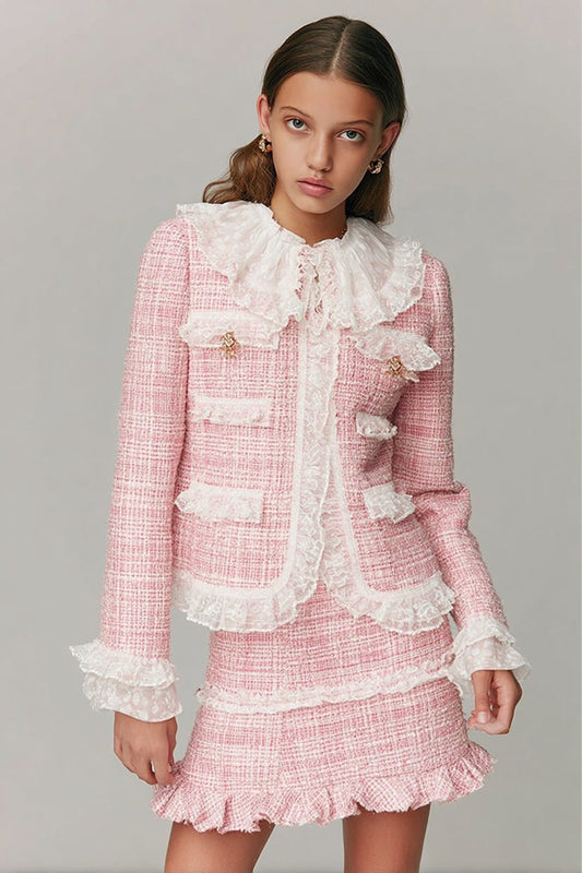 Pink Ruffled 2 Piece Tweed Blazer Short Homecoming Outfits with Lace