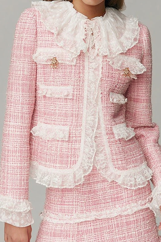 Pink Ruffled 2 Piece Tweed Blazer Short Homecoming Outfits with Lace