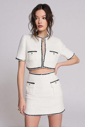 White 2 Piece Tweed Short Blazer Pageant Interview Outfits with Sleeves
