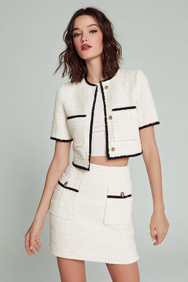 Tweed White Blazer 2 Piece Short Pageant Interview Outfits with Buttons