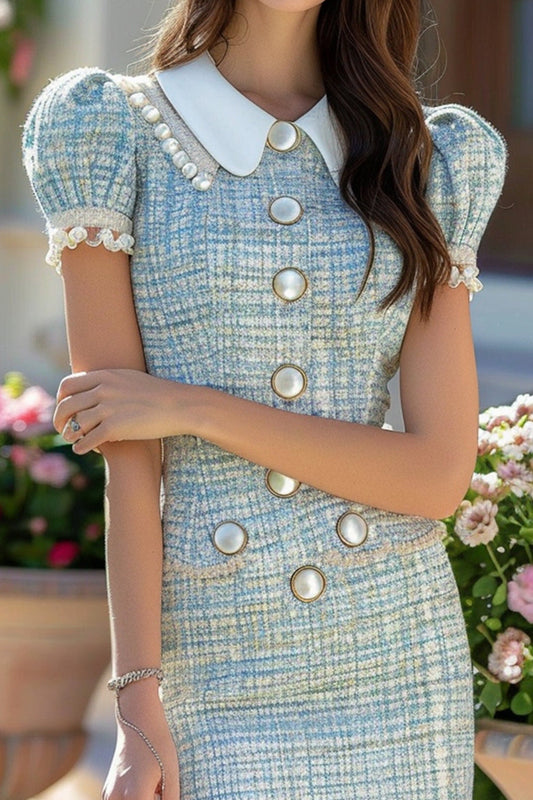 Blue Pearls Tweed Short Sleeves Homecoming Dress with Buttons