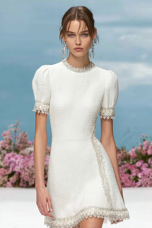 White Tweed Round Neck Short Sleeves Homecoming Dress with Appliques