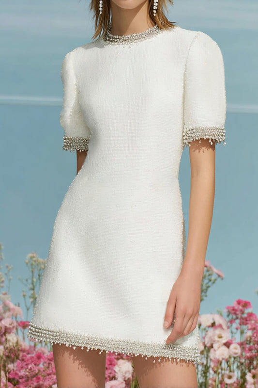Tweed White Round Neck Short Homecoming Dress with Sleeves