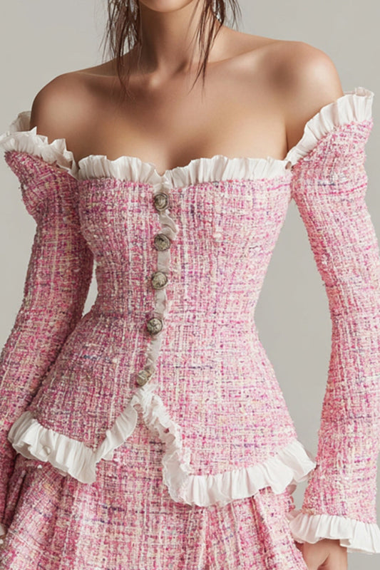 Tweed Pink 2 Piece Off the Shoulder Short Blazer Homecoming Outfits