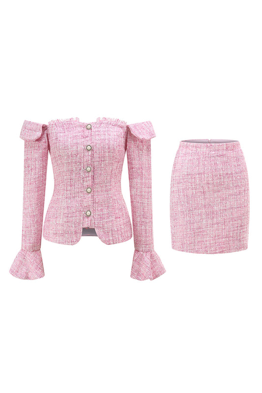 Pink Off the Shoulder Tweed 2 Piece Pencil Homecoming Outfits