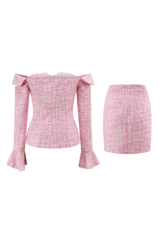 Pink Off the Shoulder Tweed 2 Piece Pencil Homecoming Outfits