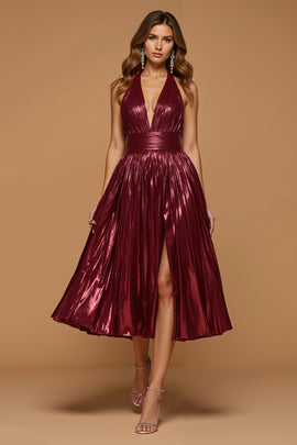 Sparkly Burgundy Metallic Halter Midi Holiday Party Dress with Slit