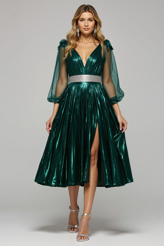 Sparkly Dark Green Metallic V-Neck Midi Holiday Party Dress with Slit