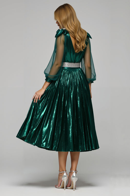Sparkly Dark Green Metallic V-Neck Midi Holiday Party Dress with Slit