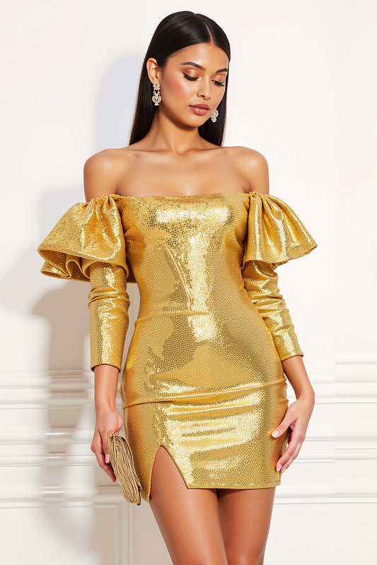 Sparkly Golden Metallic Tight Short Homecoming Dress with Ruffles