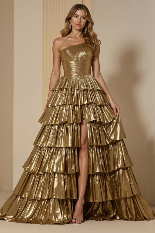 Sparkly Golden Metallic One Shoulder Ruffled Long Prom Dress with Slit
