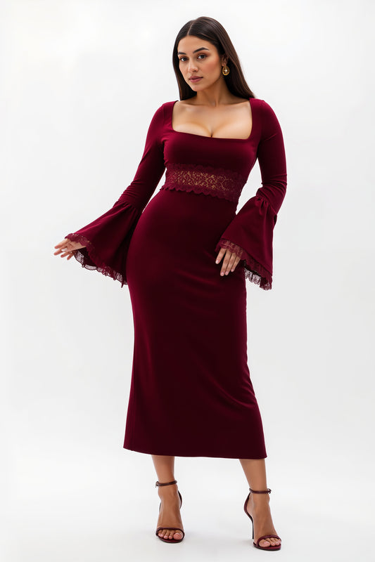 Burgundy Flare Sleeves Long Holiday Party Dress with Lace