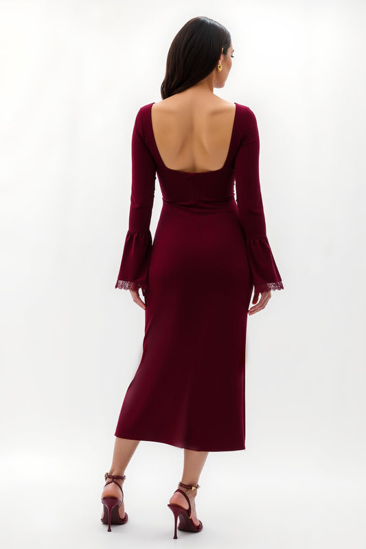 Burgundy Flare Sleeves Long Holiday Party Dress with Lace