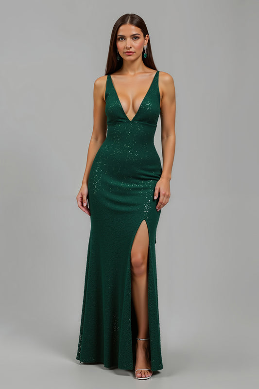 Sparkly Dark Green Deep V-Neck Sequins Long Holiday Party Dress with Slit