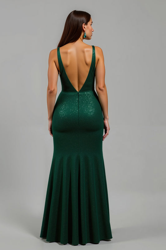 Sparkly Dark Green Deep V-Neck Sequins Long Holiday Party Dress with Slit