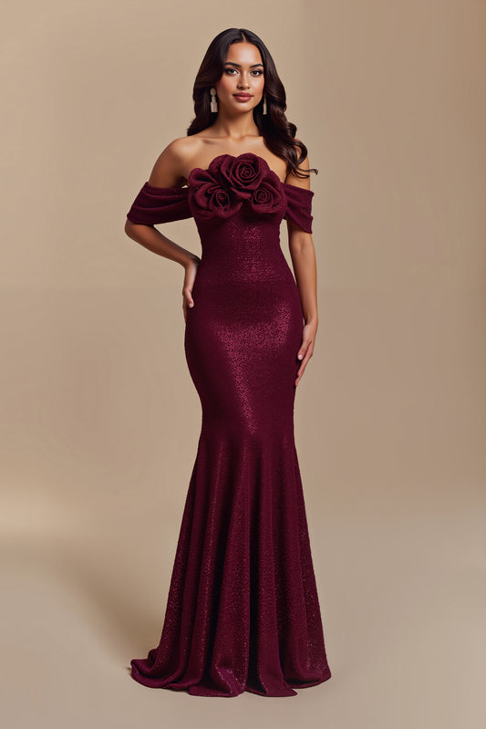 Sparkly Burgundy Sequins Mermaid Long Holiday Party Dress with Flowers