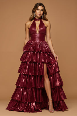 Sparkly Burgundy Ruffled Metallic Halter Long Prom Dress with Slit