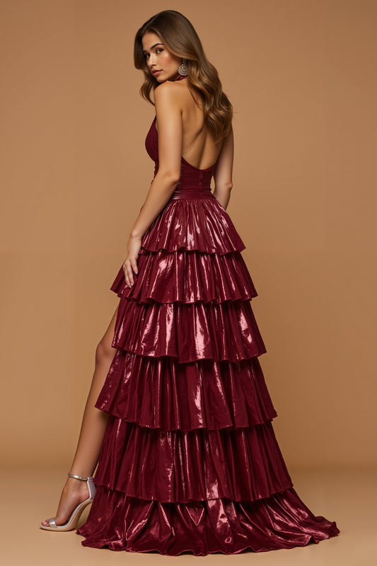 Sparkly Burgundy Ruffled Metallic Halter Long Prom Dress with Slit