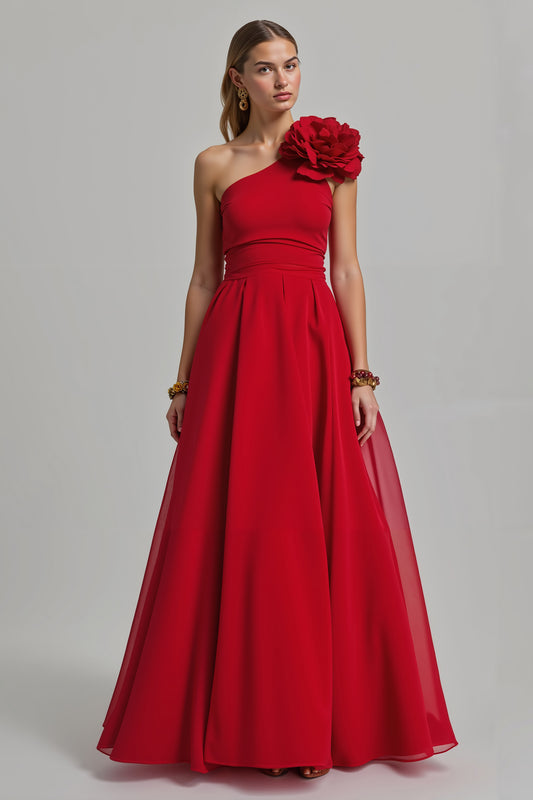 Red One Shoulder A Line Long Holiday Party Dress with 3D Flower