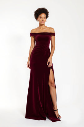 Burgundy Sheath Off the Shoulder Long Holiday Party Dress with Slit