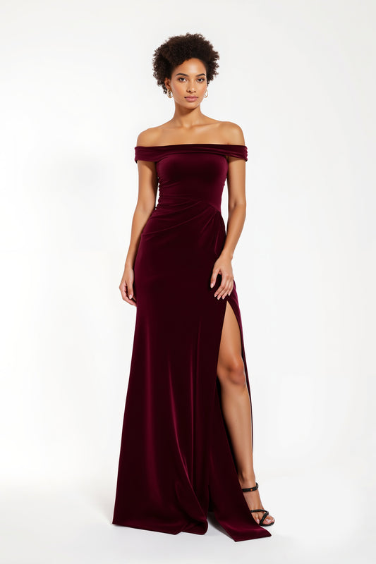 Burgundy Sheath Off the Shoulder Long Holiday Party Dress with Slit