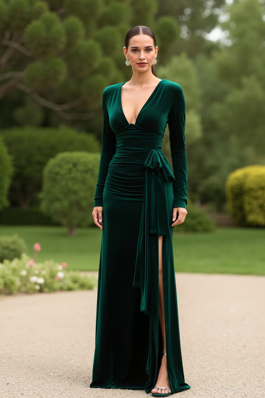Dark Green Velvet V-Neck Long Sleeves Holiday Party Dress with Slit