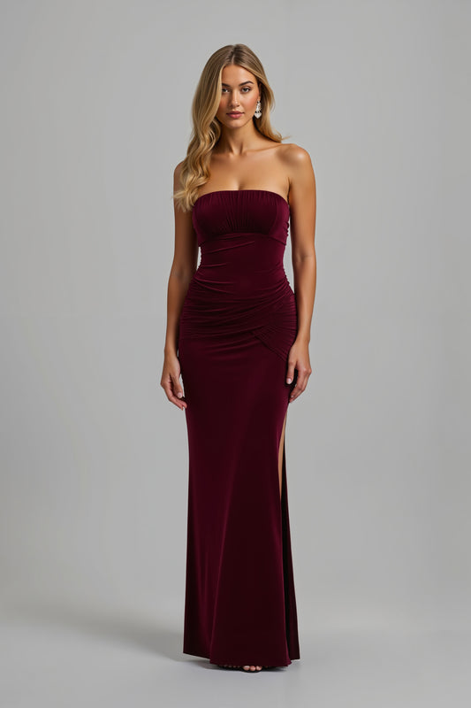 Simple Burgundy Sheath Strapless Long Holiday Party Dress with Slit