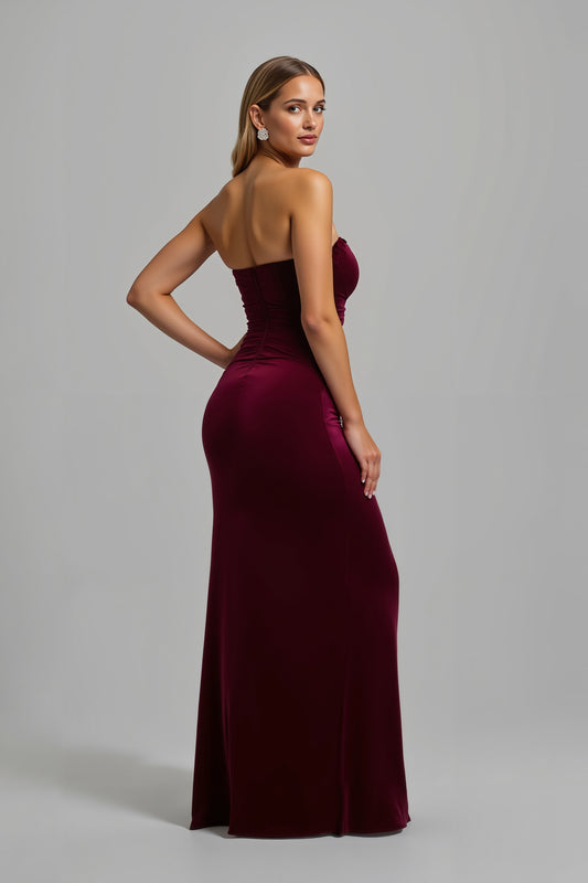 Simple Burgundy Sheath Strapless Long Holiday Party Dress with Slit