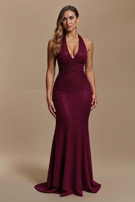 Sparkly Burgundy Sequins Mermaid Halter Long Holiday Party Dress