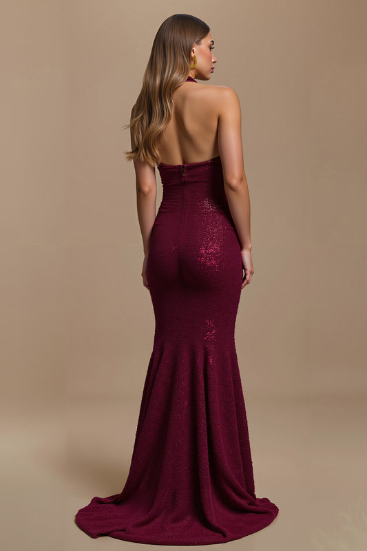 Sparkly Burgundy Mermaid Sequins Halter Long Holiday Party Dress